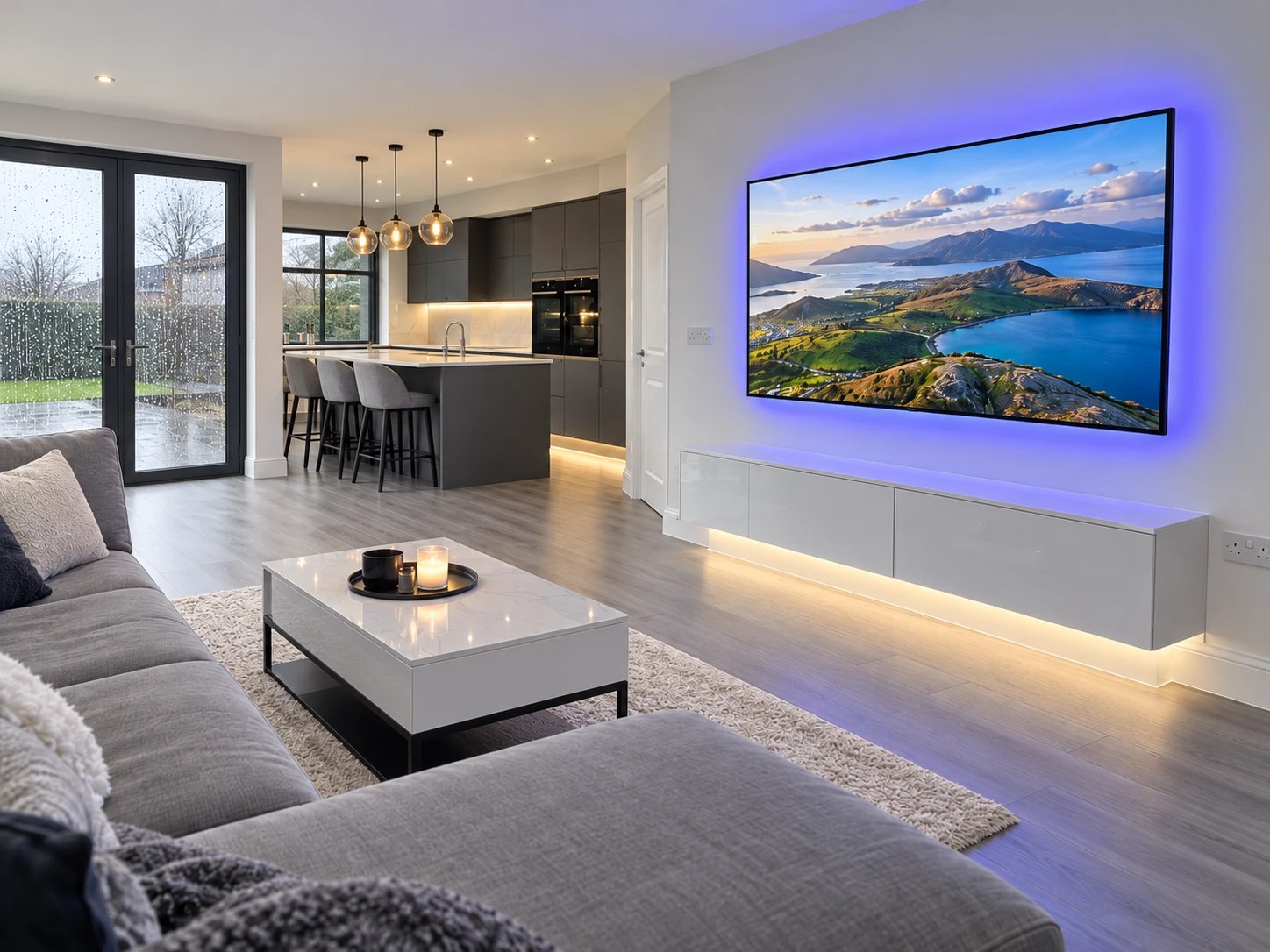 A large TV mounted level on the living room wall of an open-plan new build, cables hidden, floating unit beneath