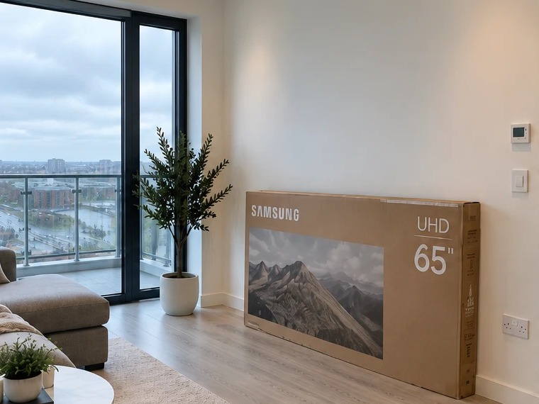 Before: 65in · apartment plasterboard · out of the box and on the wall