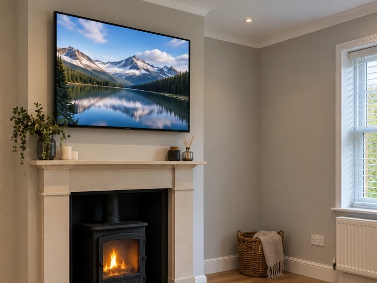 After: 65in · chimney breast above the stove · tilt bracket