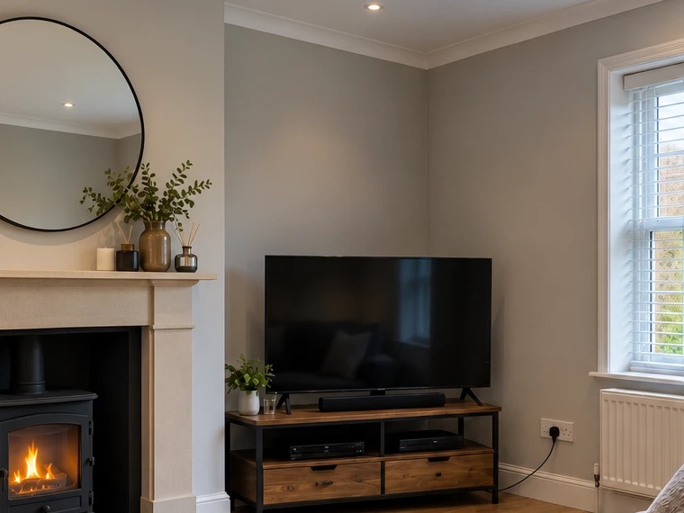 Before: 65in · chimney breast above the stove · tilt bracket